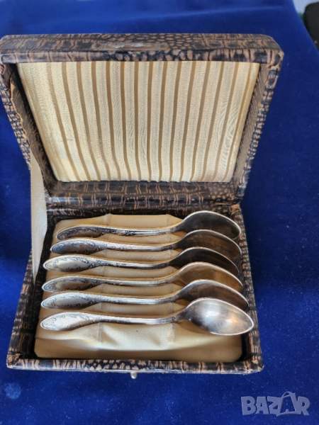 Лъжички за кафе, сладко - комплект 6 бр. дълбоко посребрен мелхиор, мод."Пламя", от СССР, неползвани, снимка 1