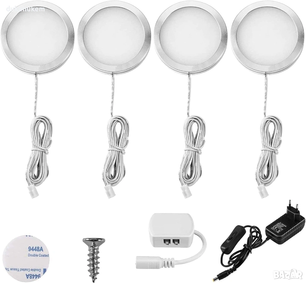 LED осветление за шкафове, лунички – комплект 4 бр., неутрално бяло, снимка 1