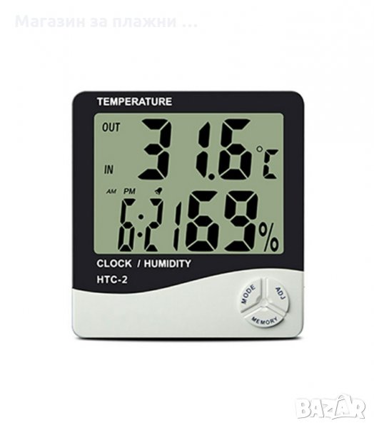 Термометър за вътрешна температура, влагомер, часовник, Метеостанция - код HTC-2, снимка 1