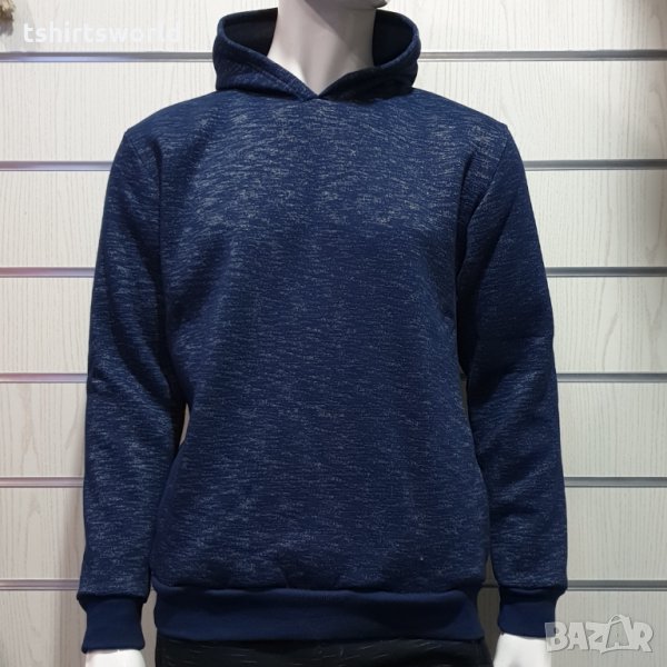 Нов мъжки суичър тъмносин меланж с качулка и джобчета, снимка 1