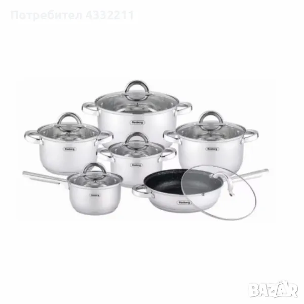 омплект тенджери Rosberg, Неръждаема стомана, 6 части, Индукция, снимка 1