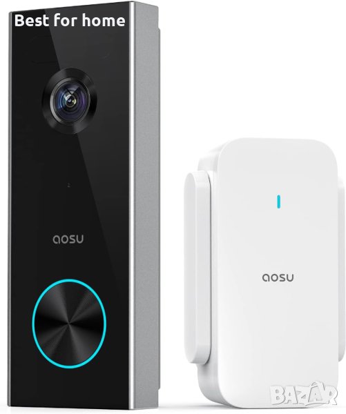 Безжична камера за звънец AOSU, захранван с батерии видео звънец със звънец, 2K резолюция,, снимка 1
