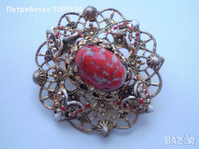 Винтич брошка филигран с червено многоцветно стъкло, снимка 2 - Антикварни и старинни предмети - 36409612