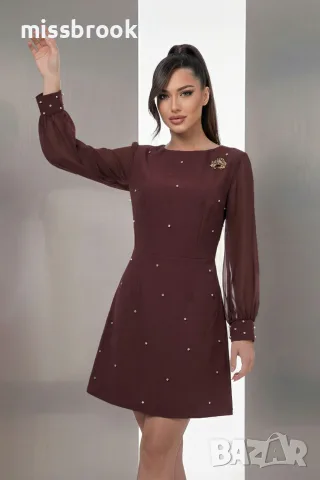 Рокля “Crystal Cocoa” – кафява рокля с камъни и брошка арт.1784, снимка 4 - Рокли - 55821844