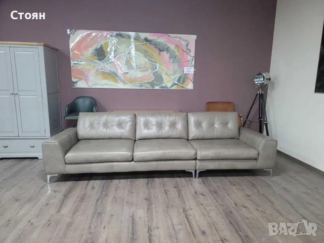 Бежов кожен диван четворка - 100 % естествена кожа, снимка 8 - Дивани и мека мебел - 44605885