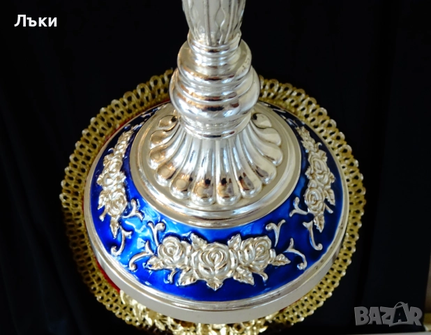 Посребрен троен свещник,рози,кобалт,рококо. , снимка 6 - Антикварни и старинни предмети - 52817267
