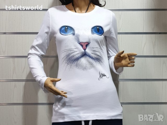 Нова дамска блуза с дълъг ръкав с 3D принт Котка със сини очи, снимка 4 - Блузи с дълъг ръкав и пуловери - 30655539