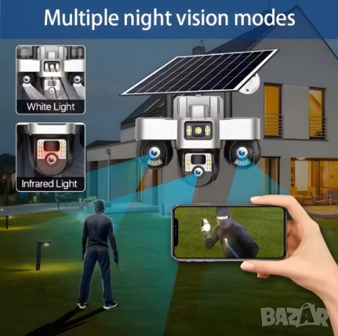 Камера за наблюдение със соларен панел V380Pro 4G, SIM карта, 18MP Full HD, 3 зони за наблюдаваниe, снимка 10 - IP камери - 52235537