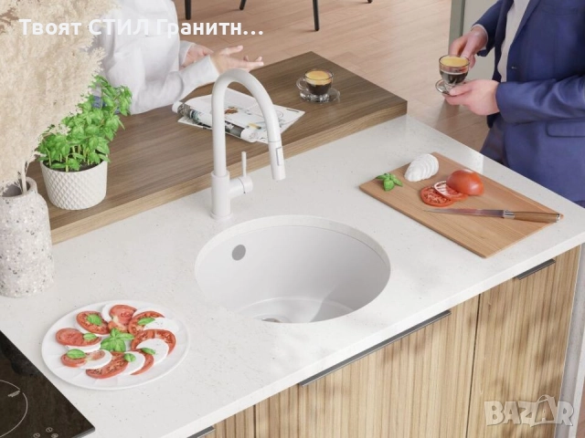 Бяла кръгла кухненска мивка за вграждане под плот Валета 50 460x460 мм, снимка 2 - Мивки - 51918566