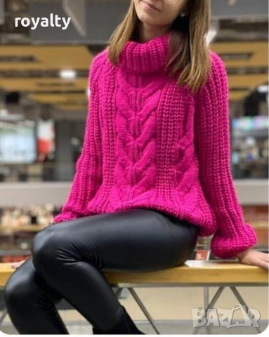 Дамски цикламов пуловер ръчно плетиво, снимка 2 - Блузи с дълъг ръкав и пуловери - 51996893
