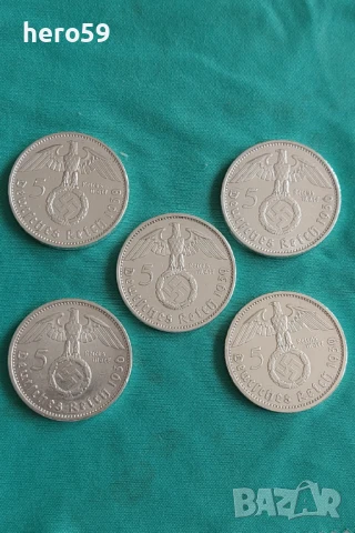 Монета-сребърни 5 марки 1936-39 г.със свастика/60лв брой., снимка 1