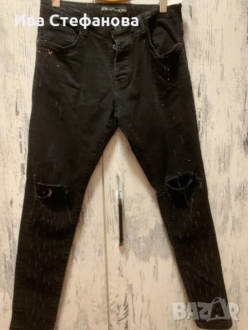 Черни накъсани колена дънки унисекс модел , снимка 2 - Дънки - 31497633