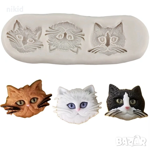 3 Малки глави глава коте котка котки котета силиконов молд форма за фондан шоколад декор, снимка 2 - Форми - 54197305