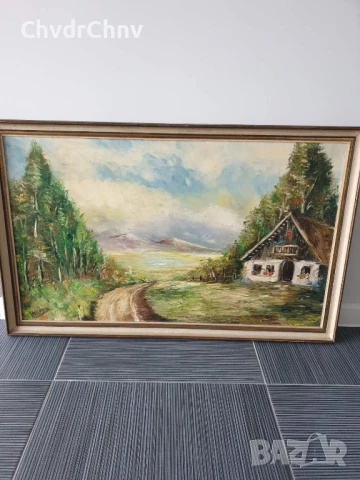 Herman 108х69см/стара голяма картина масло върху платно/пейзаж/къща-път-гора/дървена рамка