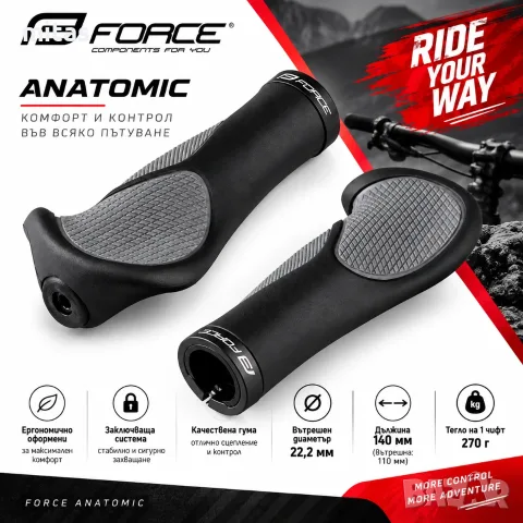 Дръжки FORCE ANATOMIC за велосипед, Заключващи, Ергономични, 140 мм, Черно-сиви