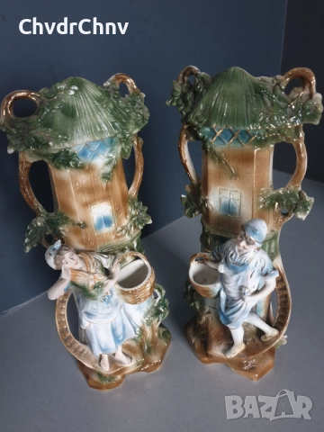 2бр чифт фигурални вази 27см/стари немски порцеланови вази с фигури/селяни с кошници, снимка 2 - Вази - 52550357