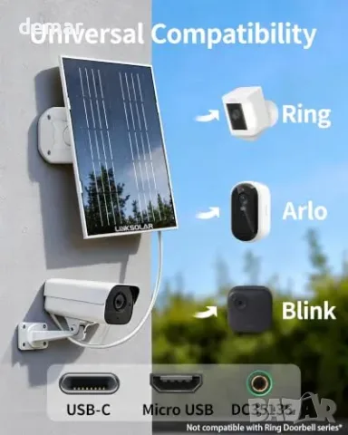 Слънчев панел 5W за outdoor охранителна камера/зарядно, 2 броя (USB-C/USB-Micro/DC 35135 адаптери), снимка 4 - Друга електроника - 55829685