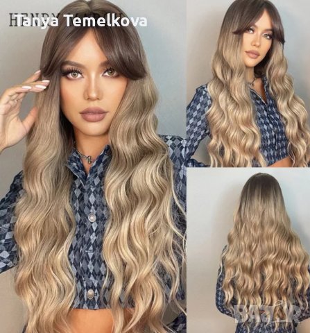 Дълга на вълни светло кестенява перука с бретон, снимка 1