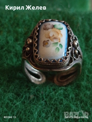 Винтидж сребърен пръстен филигран гранулация ръчно рисуван емайл 17131, снимка 2 - Пръстени - 54027853