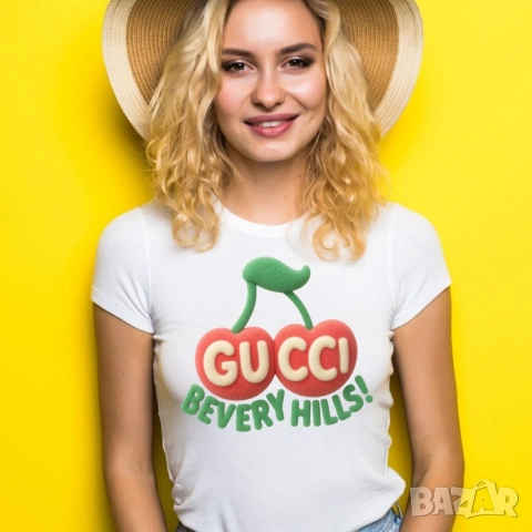 Gucci Bevery Hills/ Гучи дамска, къс ръкав, памучна тениска, розова, синя, бяла тениска, щампа, снимка 3 - Тениски - 54098222