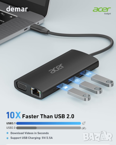 Acer USB C хъб с 4K/30Hz HDMI, 9-в-1 RJ45, 5Gbps USB-A 3.1,PD100W, VGA, снимка 3 - Кабели и адаптери - 44656171