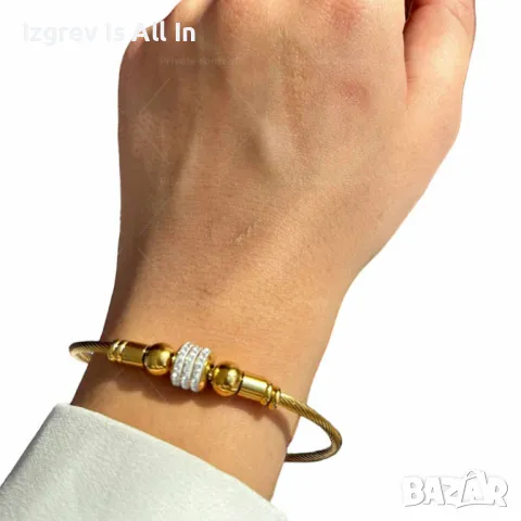 Дамска нежна гривна от медицинска стомана с 2 мъниста,камъни цирконии, снимка 1