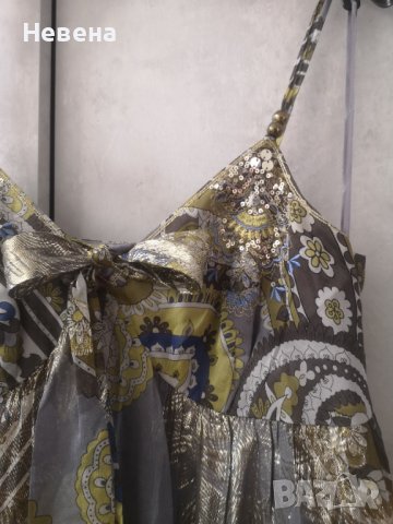 Бутикова Рокля от Естествена коприна, нова, сиво и златно, размер L, снимка 6 - Рокли - 42472238