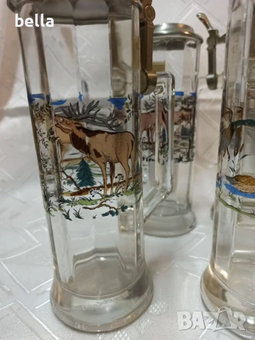 Немски стари стъклени масивни халби 5 броя с животни ,доста масивни 23 см височина., снимка 8 - Антикварни и старинни предмети - 50590492