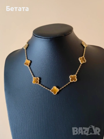 Златно дамско колие с 10 детелини от тигрово око, Van Cleef & Arpels, снимка 3 - Колиета, медальони, синджири - 54357355