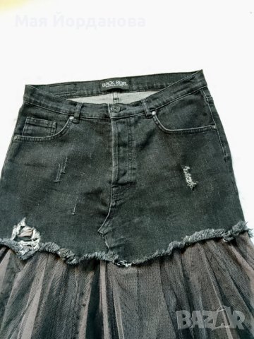Елегантна дънкова пола с многопластова тюлена долна част от черен и бежов тюл., снимка 2 - Поли - 40701492