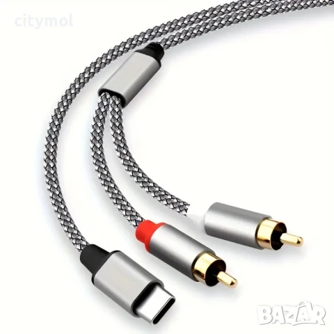 Аудио кабел USB-C мъжки към 2 RCA мъжки кабел, позлатени контакти, алуминиеви глави, 1 метър, снимка 2 - Други - 50980700