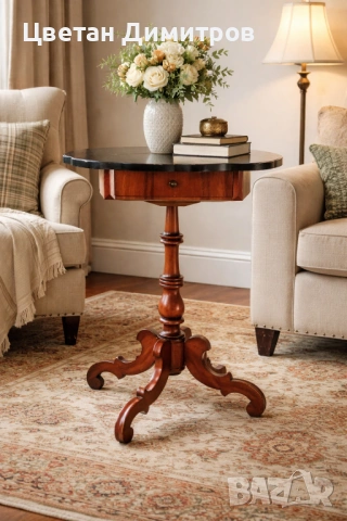 Винтидж дървена помощна масичка с чекмедже  За игра на шах 