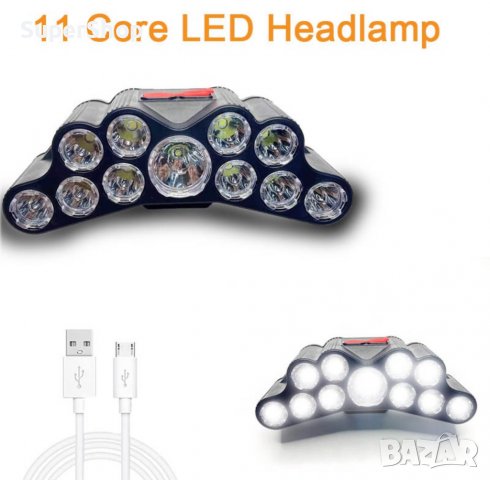 Мощен Работен Челник 11 LED диода фенер за глава с USB лампа, снимка 8 - Къмпинг осветление - 38671494
