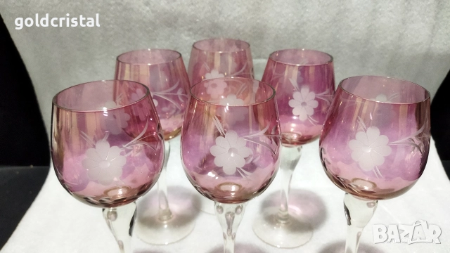 кристални чаши цветен кристал гравиран, снимка 7 - Антикварни и старинни предмети - 20061877