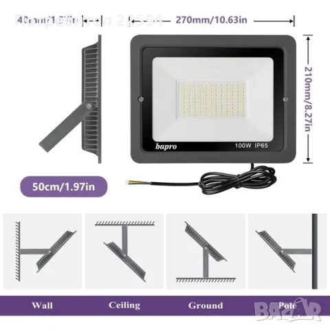 100W LED прожектор за външно осветление 10 000 LM супер ярък IP66 6000 K студена бяла – Черен, снимка 4 - Прожектори - 55878304