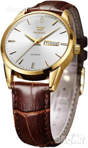 Мъжки часовник OLEVS, аналогов, 6898-кафява каишка и бял циферблат