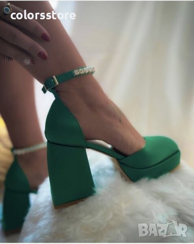 Сандали на ток - зелен сатен - VSN1
