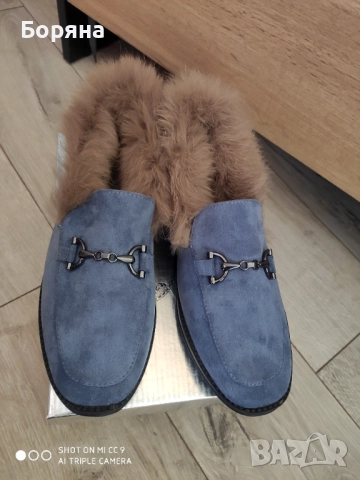 Нови дамски сини лоуфъри с естествен пух, снимка 6 - Дамски ежедневни обувки - 52235129