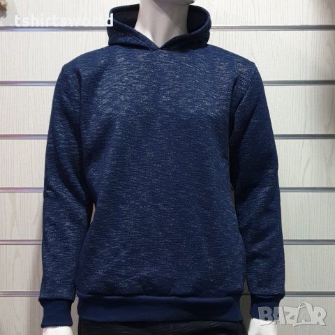 Нов мъжки суичър тъмносин меланж с качулка и джобчета