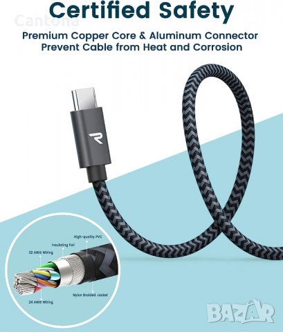 RAMPOW USB 3.0 - USB C кабел, QC 3.0, 56kOhm, Space Grey - 100 см, снимка 7 - USB кабели - 40114758