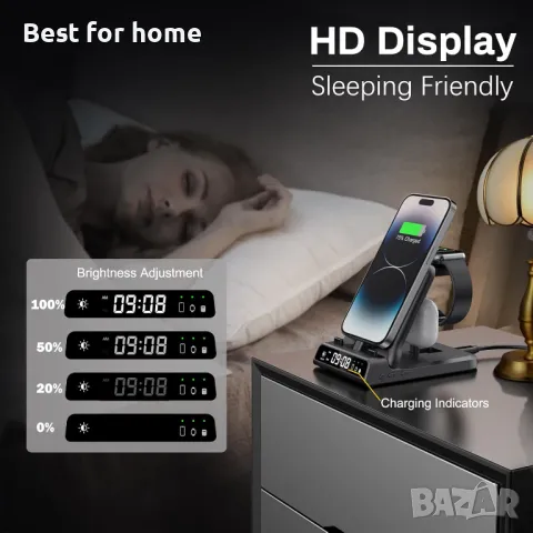 Зарядна станция SwanScout 4в 1 с часовник , снимка 5 - Безжични зарядни - 48468867