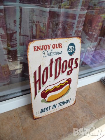 Хот дог метална табела бърза закуска кренвирш наденичка кетчуп горчица майонеза, снимка 2 - Рекламни табели - 42594491