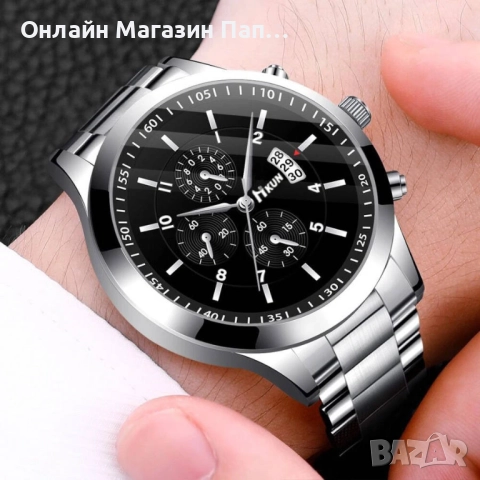 Бизнес мъжки кварцов часовник Hkun – сребрист метален корпус, черен циферблат, календар, снимка 2 - Мъжки - 52348202