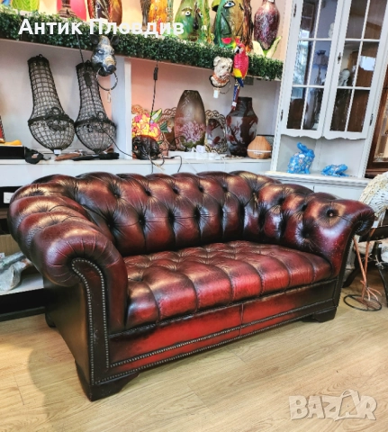 Кожен диван Chesterfield – тъмно бордо, снимка 2 - Дивани и мека мебел - 52849529