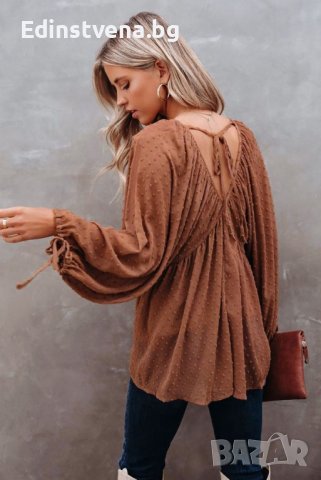 Дамска елегантна блуза в кафяво с принт на точки, снимка 1 - Блузи с дълъг ръкав и пуловери - 39648094