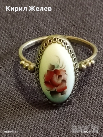 Винтидж сребърен пръстен с филигран и ръчно рисувана роза върху емайл 52426, снимка 9 - Пръстени - 52687113