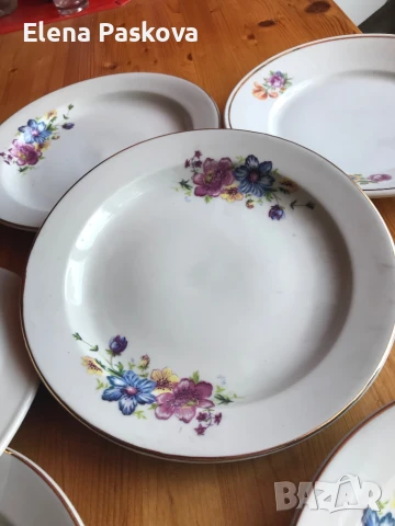 чинии български порцелан 23 см цветен мотив златен кант- 6 броя