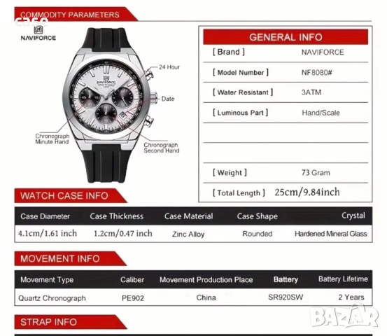 Стилен мъжки часовник Naviforce със силиконова каишка и функции , снимка 2 - Мъжки - 53985367