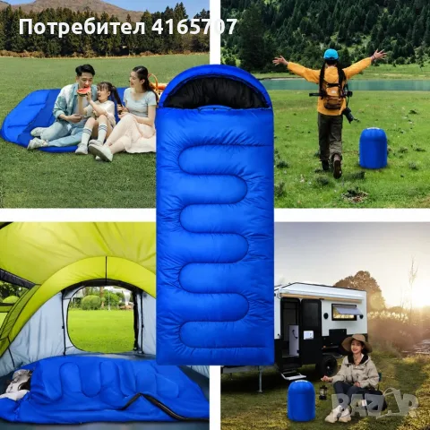 Туристически спален чувал 2 в 1 с качулка, 210 × 70 см, син, снимка 2 - Къмпинг мебели - 56196424