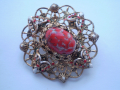 Винтич брошка филигран с червено многоцветно стъкло, снимка 2